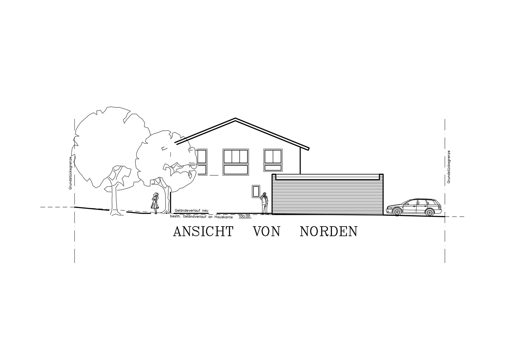 North elevation of a house with pitched roof, garage, trees and two people in front.