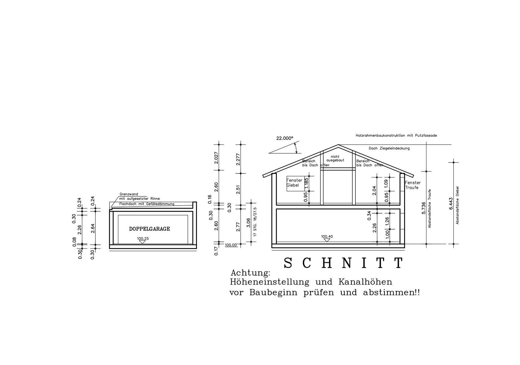 Architectural section through house with double garage, dimensions, and component labels.