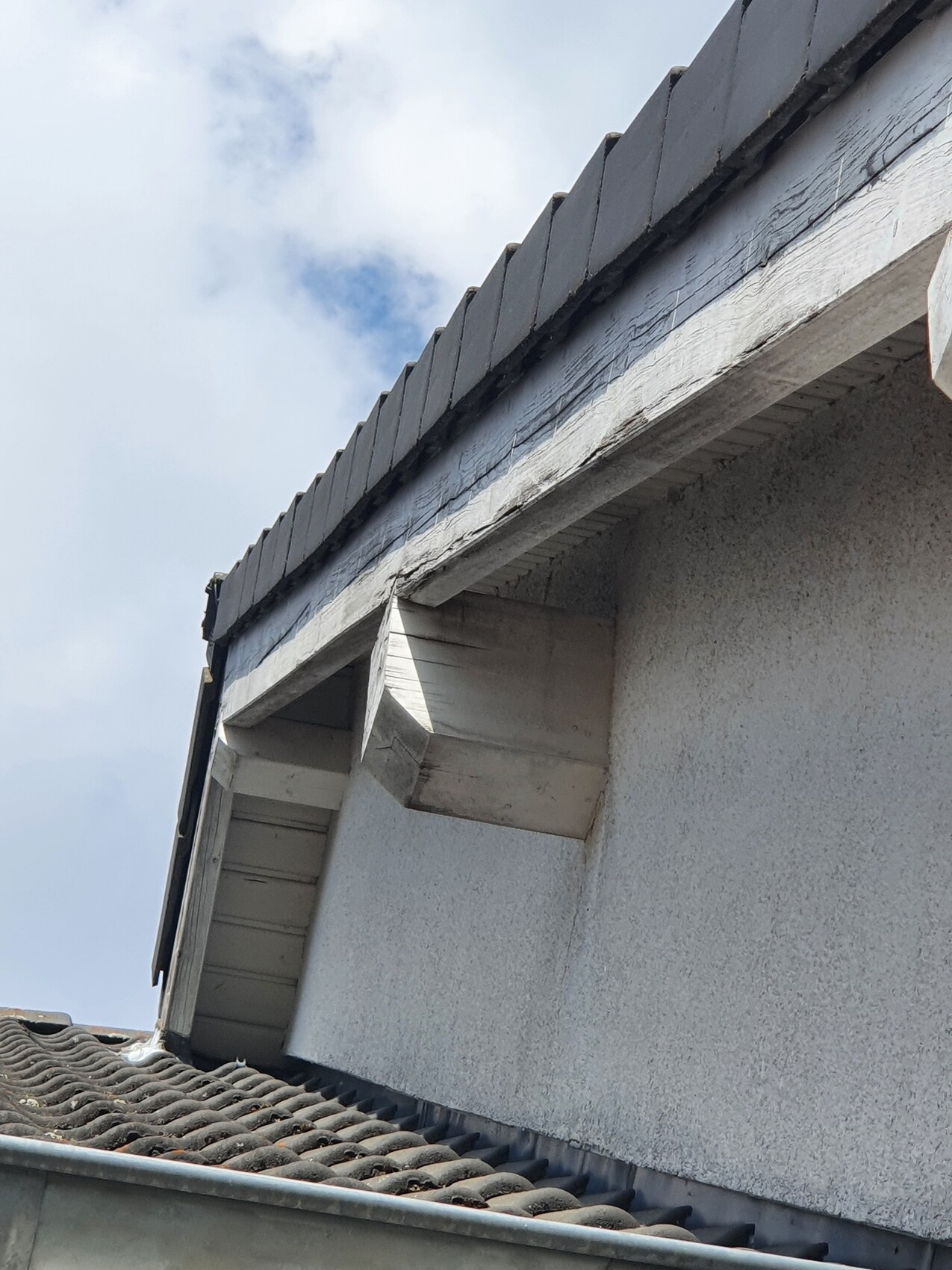 White facade with roof overhang, gray roof tiles, and visible wooden elements.