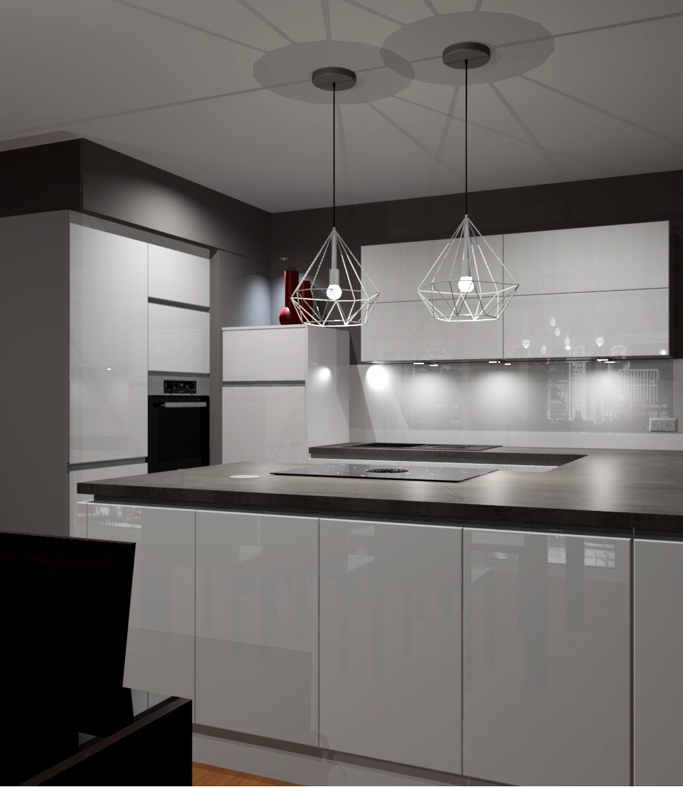 Modern kitchen with island, white fronts, glass backsplash, and pendant lights.