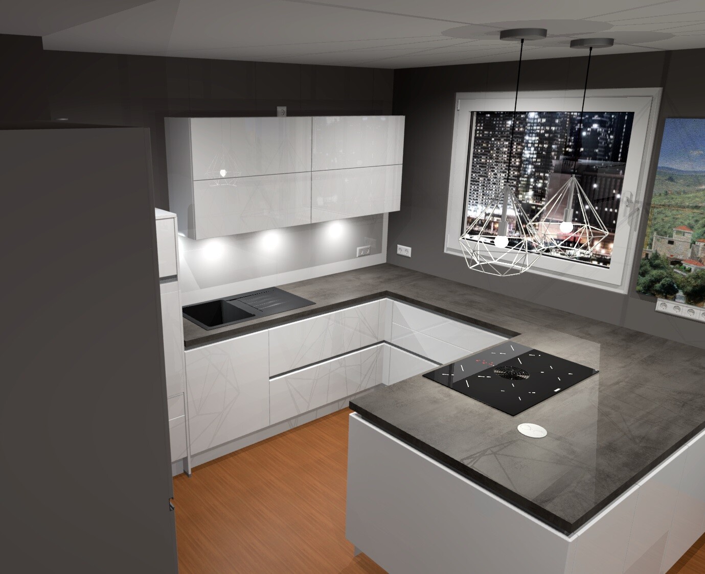 Modern white kitchen with island, cooktop, sink, and window view of the city at night
