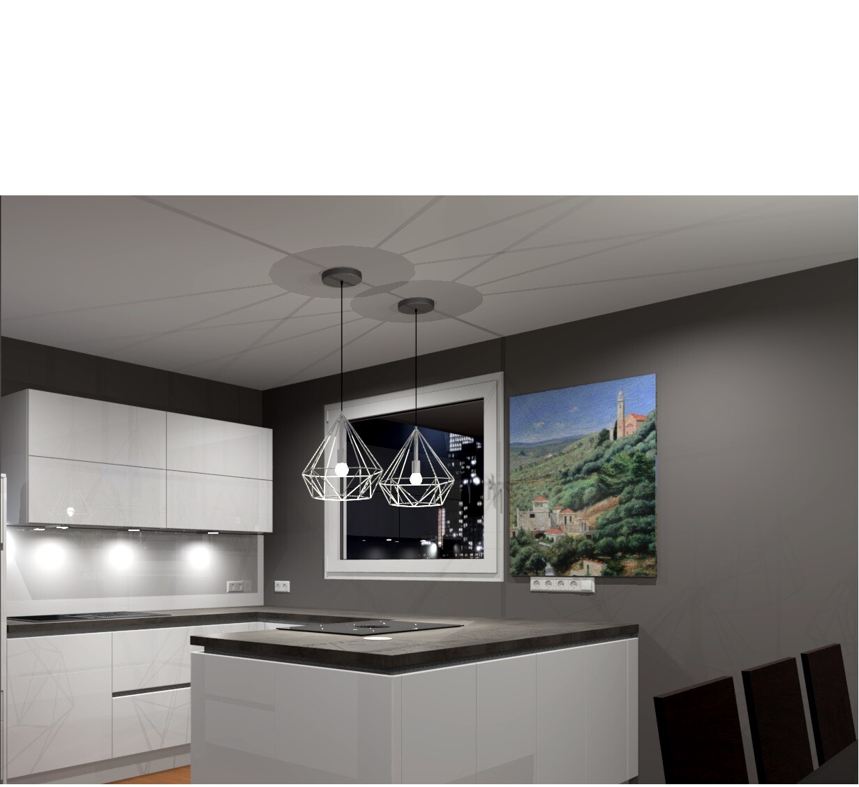 Modern kitchen with white fronts, kitchen island, geometric pendant lights, and wall artwork.