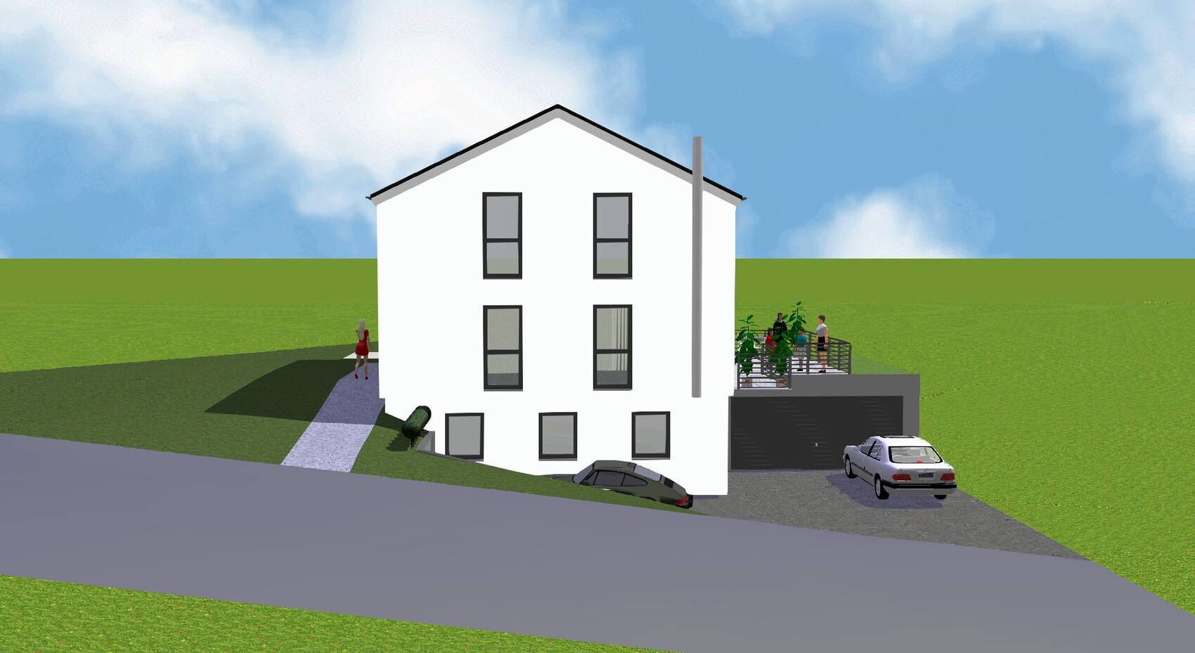 White two-story villa with gable roof, garage, two cars, balcony with people.