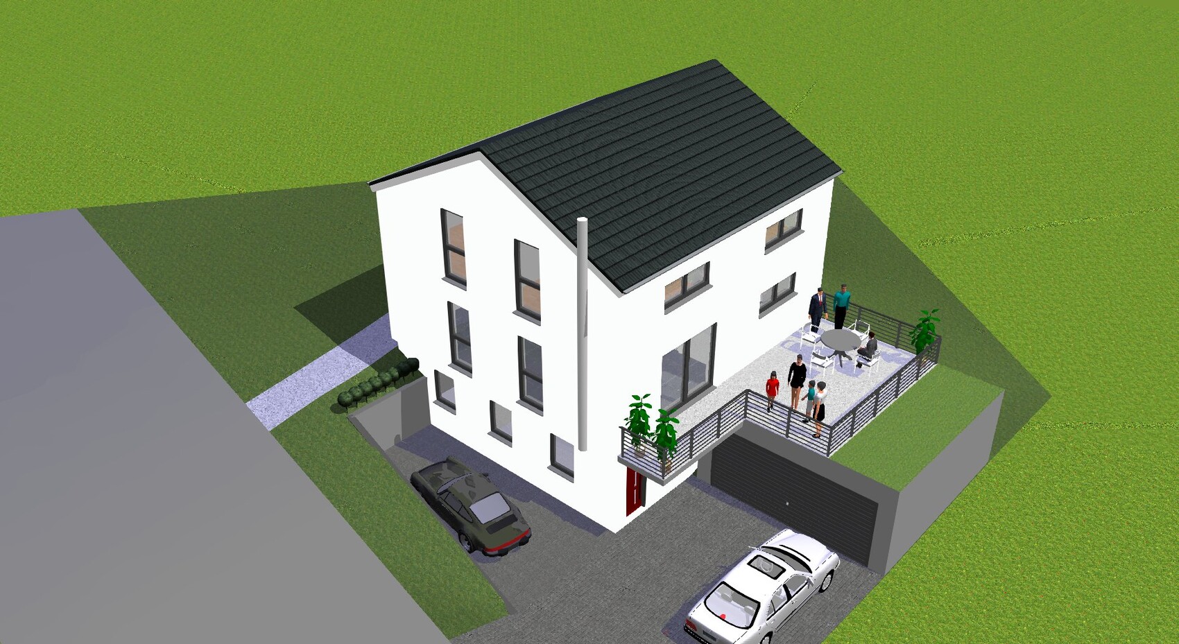 Isometric 3D view of a white house with dark roof, terrace with people and cars.