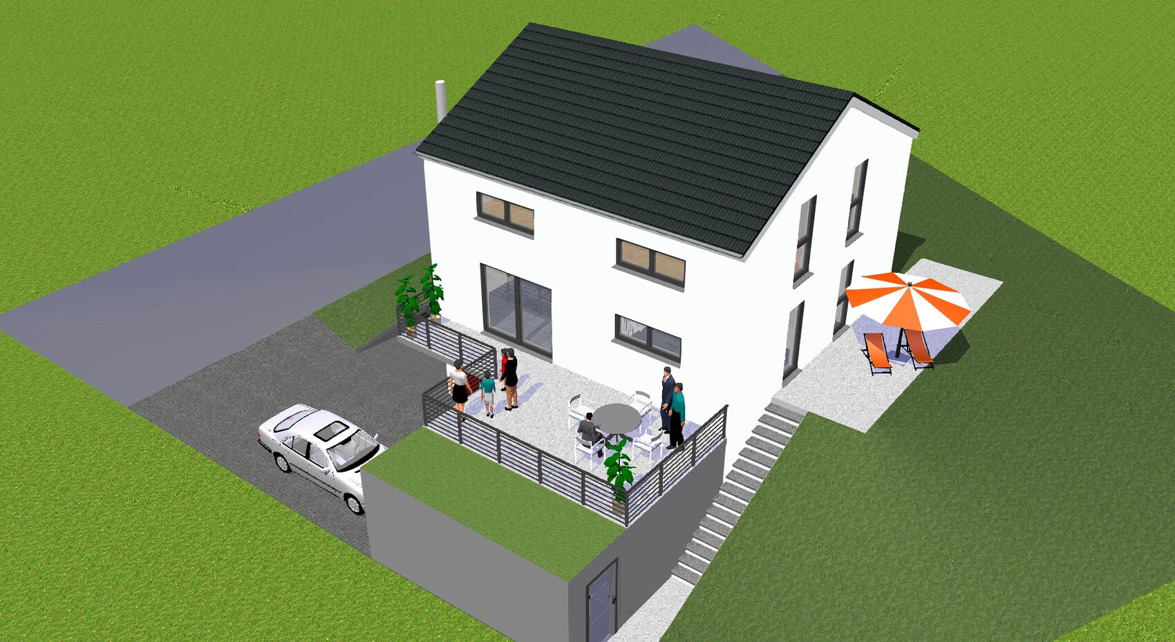 Modern white single-family house with terrace, garden furniture, orange parasol, car and people.