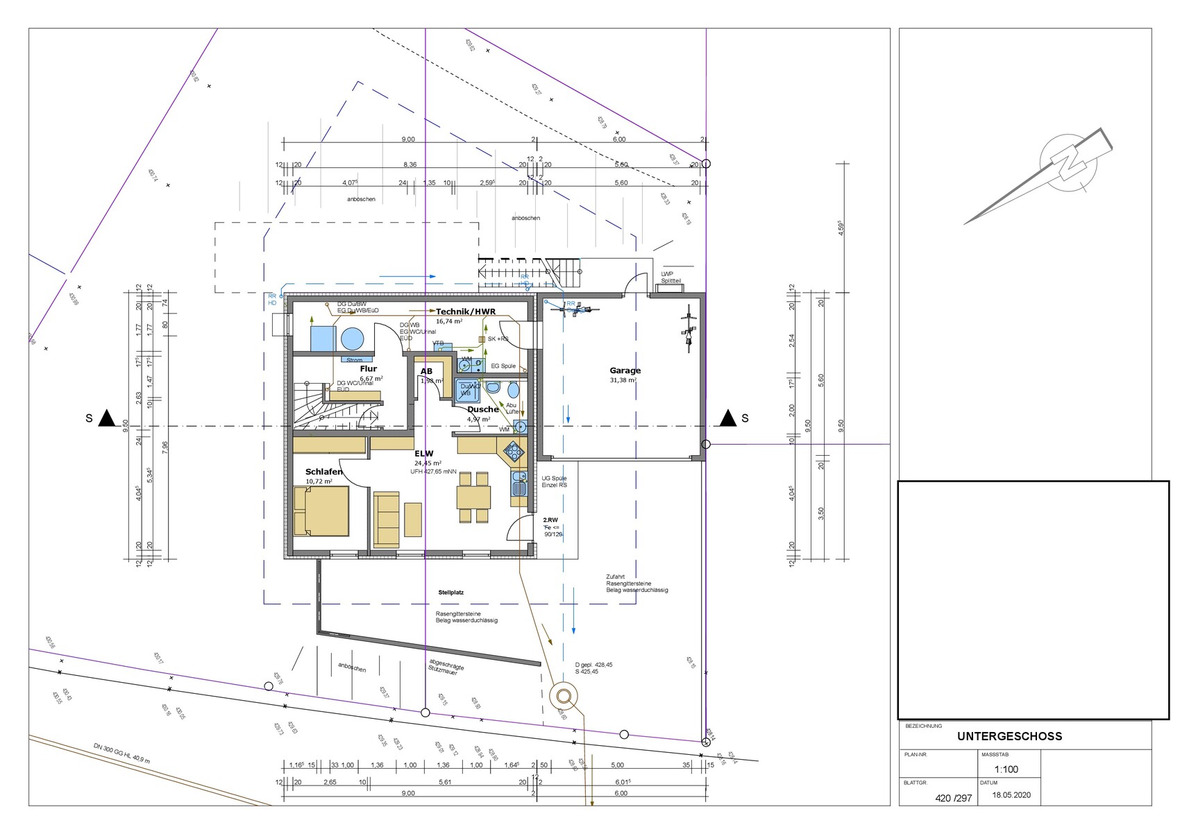 Basement floor plan with technical room / utility room, hallway, sleeping area, living, kitchen, bathroom and garage.