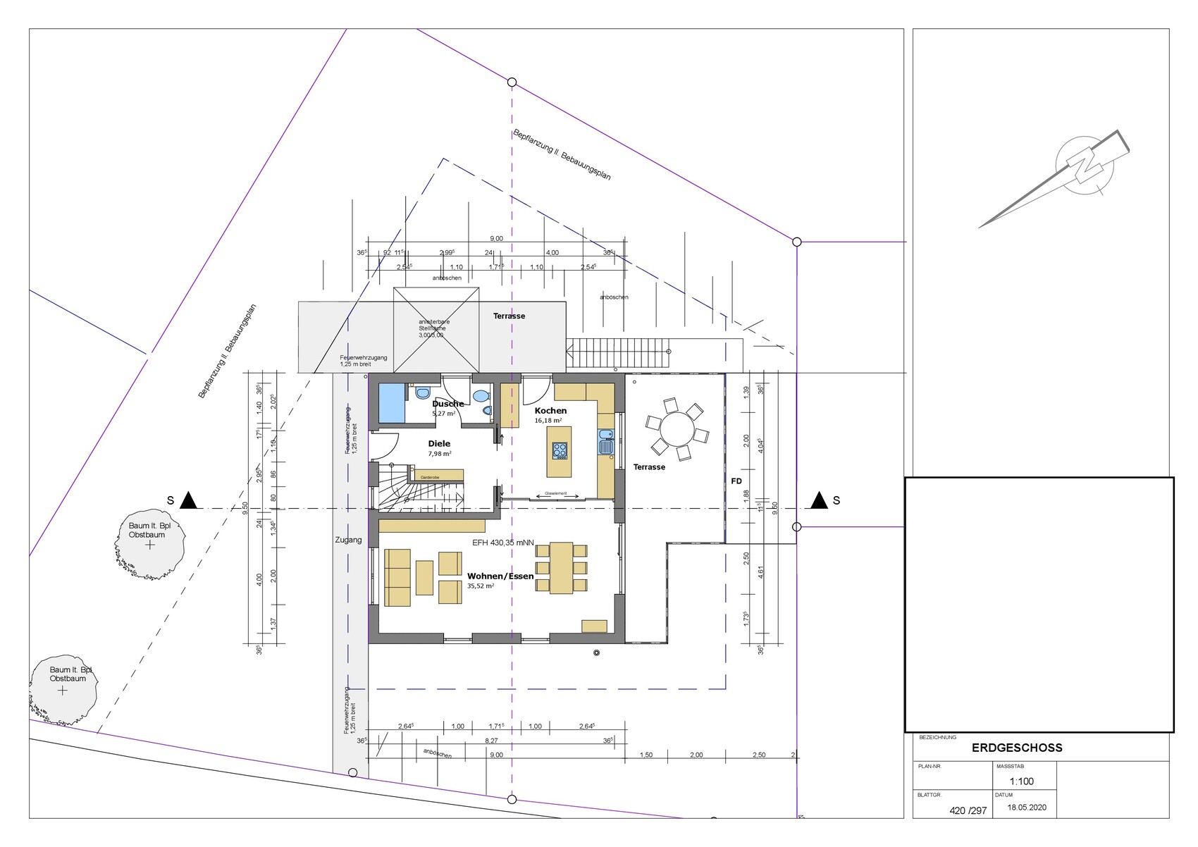 Ground floor plan: living / dining, kitchen, hallway, terrace; scale 1:100.