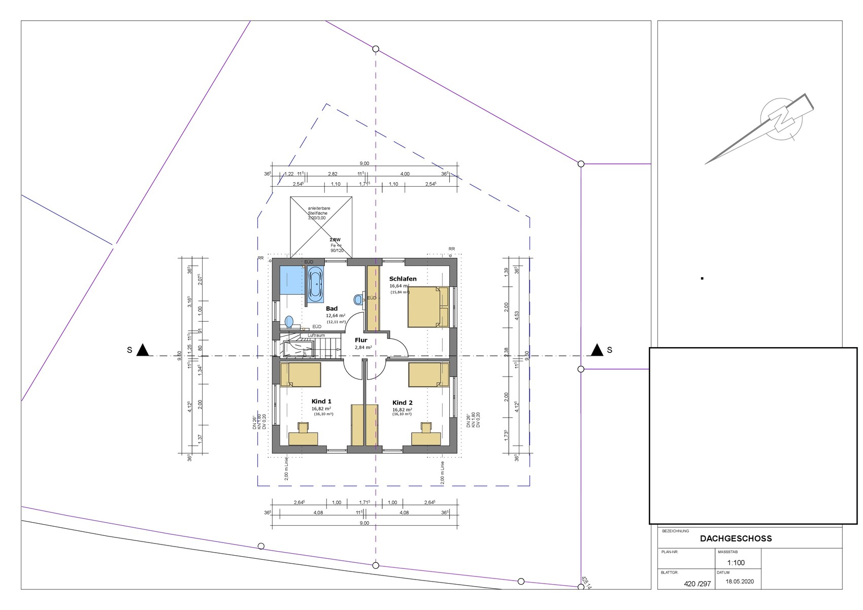 Attic floor plan: bedroom, two children’s rooms, bathroom, hallway; scale 1:100