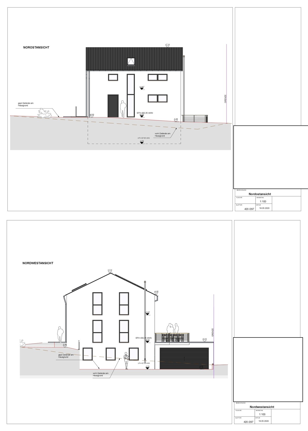 Northeast and northwest views of a modern house on a sloped site with windows and garage.