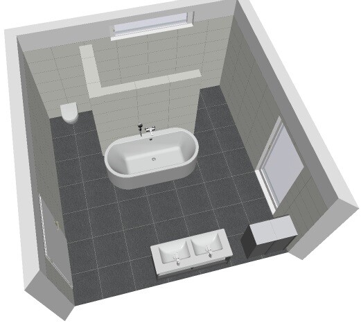3D bathroom floor plan with bathtub, double washbasin, shower, and dark floor tiles.