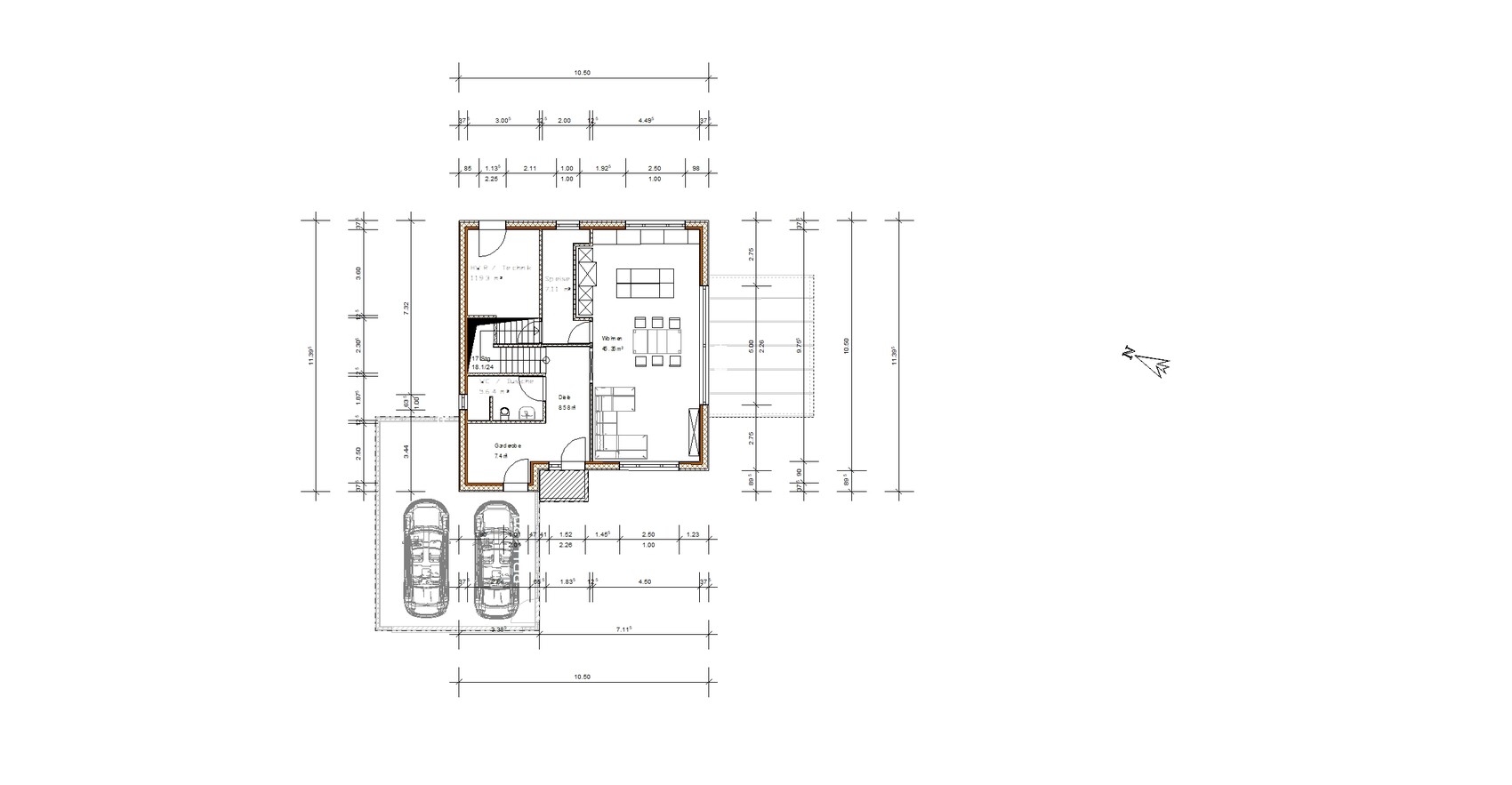 Grundriss eines Einfamilienhauses mit Doppelgarage, Wohnzimmer, Küche und Treppe.