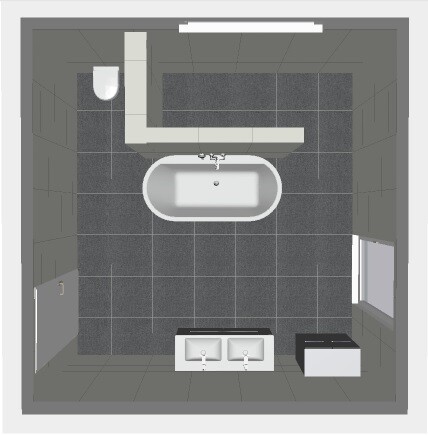 3D bathroom floor plan with bathtub, double washbasin, and toilet in a modern bathroom