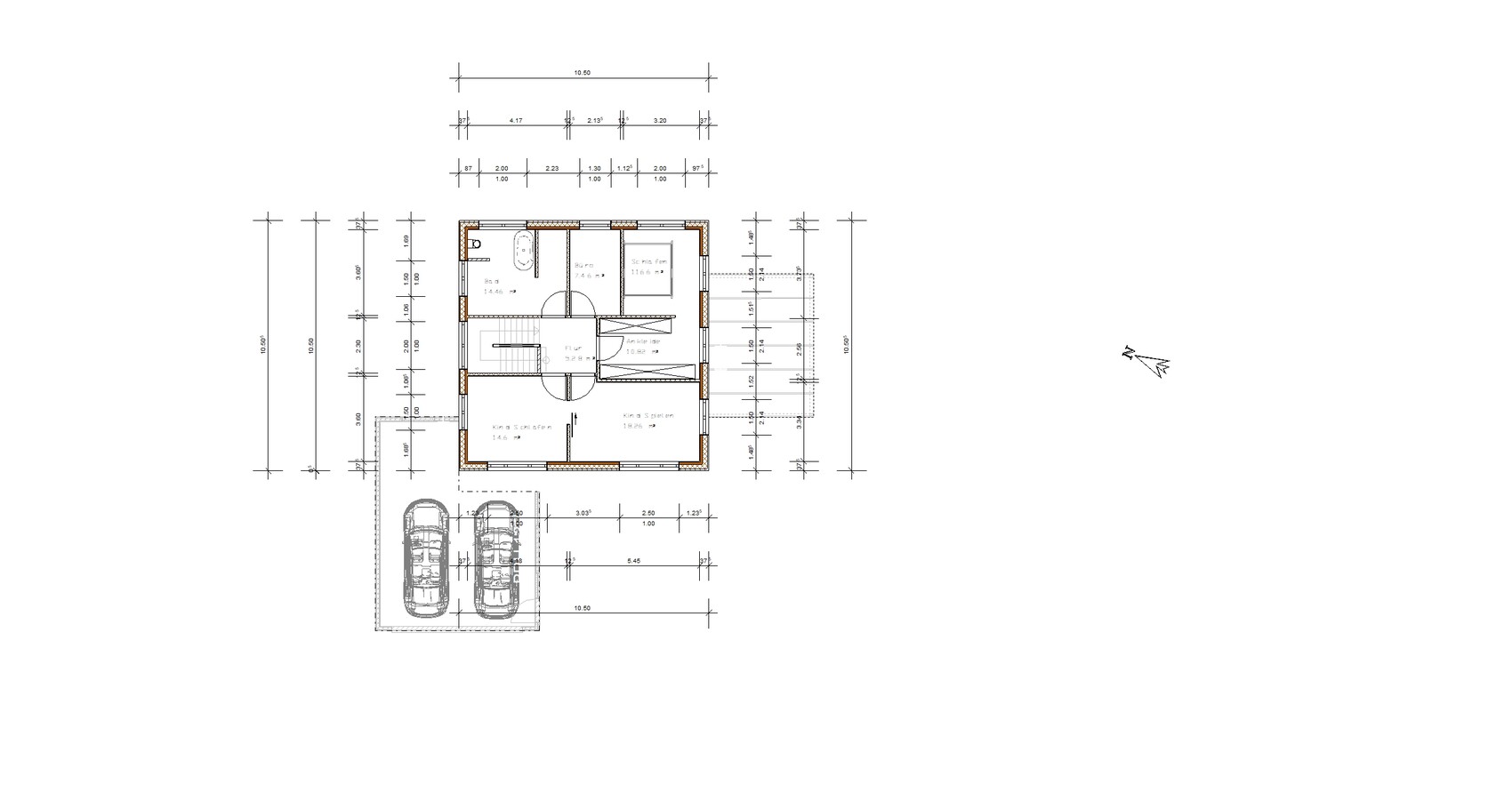 Grundriss eines Wohnhauses mit Garage, zwei Autos, Flur, Bad, Schlafzimmer und Kinderzimmer.