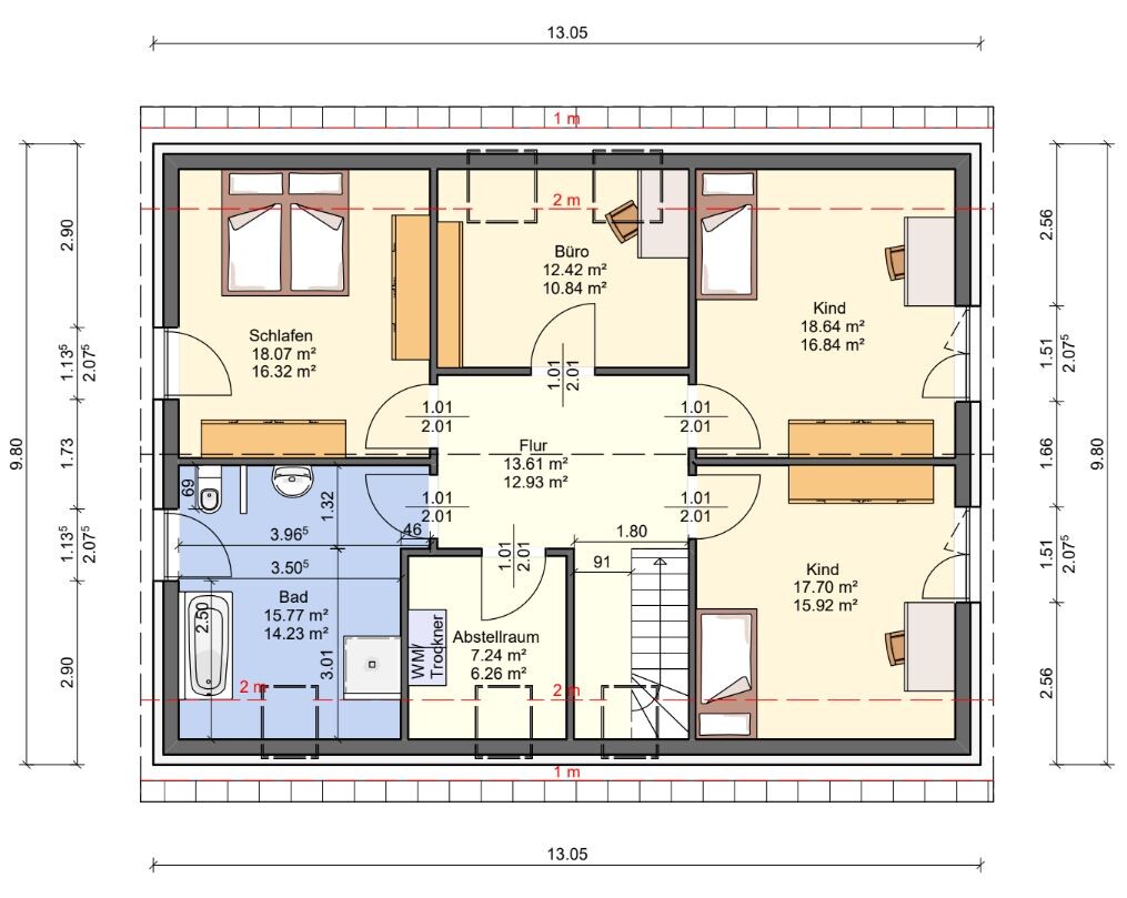 2D floor plan of a house, upper floor with bedroom, children’s room, office, bathroom, hallway