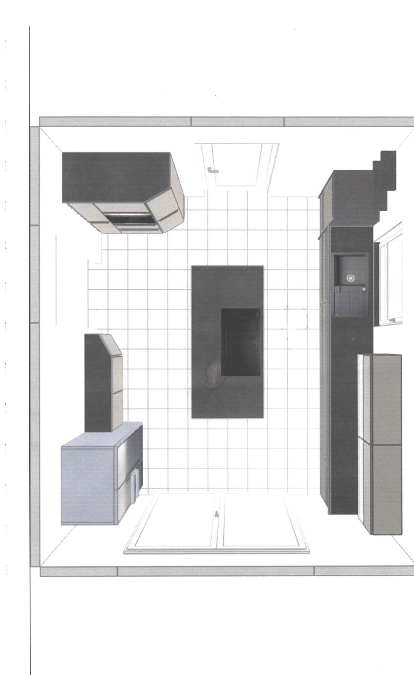 Top view of a kitchen layout with island, cabinets, and sink