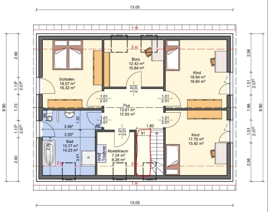 Floor plan of a house: bedroom, office, two children’s rooms, hallway, bathroom, storage room.