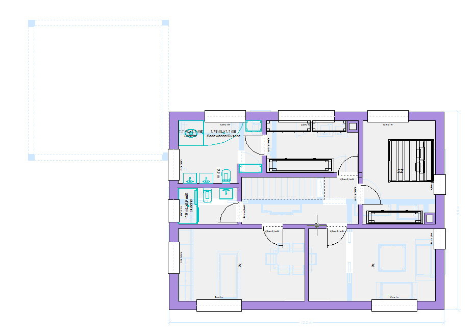 Floor plan of a residential house: kitchen, living room, bedroom, bathroom, and corridors.