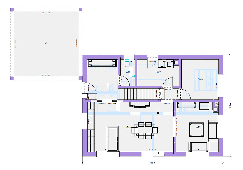 Floor plan of a house with living room (LR), dining room, office, utility room, toilet, stairs, and left extension.