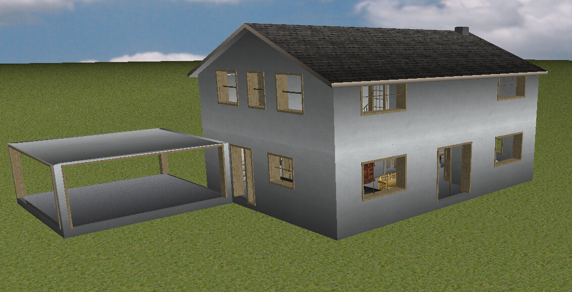 Two-story house with gray facade, window fronts, and open carport next to green lawn.