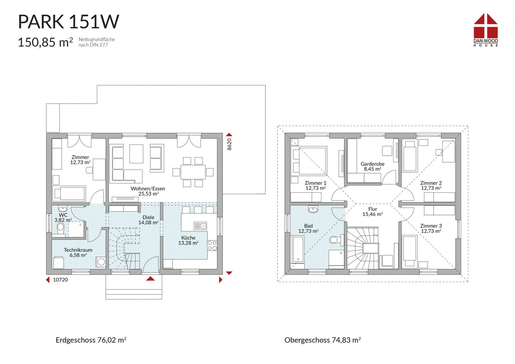 PARK151W: Ground floor and upper floor layouts of a house with rooms, kitchen, and hallways.