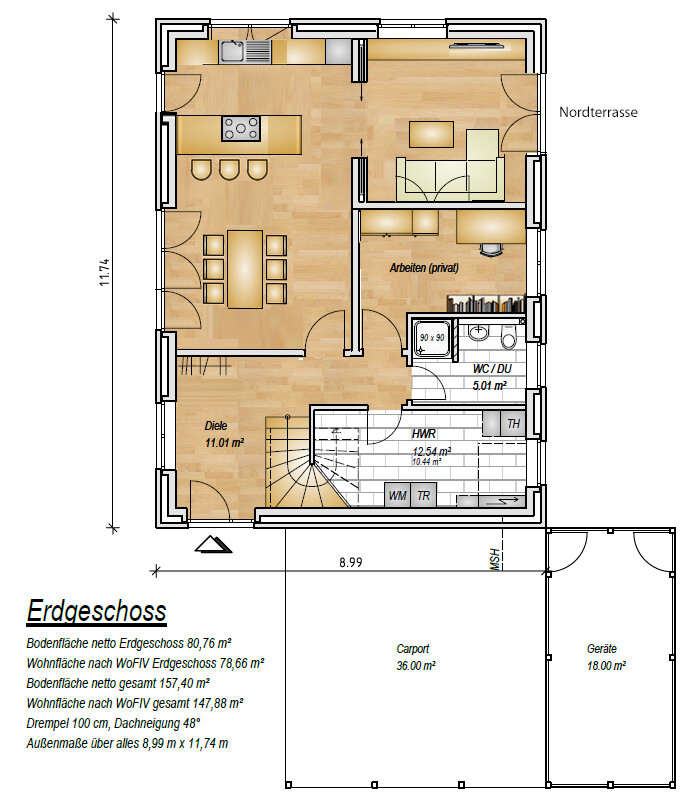 EG-Grundriss: Küche, Essbereich, Wohnzimmer, Büro, Diele, WC/Dusche, HWR, Treppe, Carport