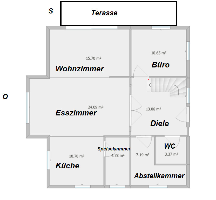 Floor plan with terrace: living room, dining room, kitchen, office, hallway, pantry, storage room, WC.