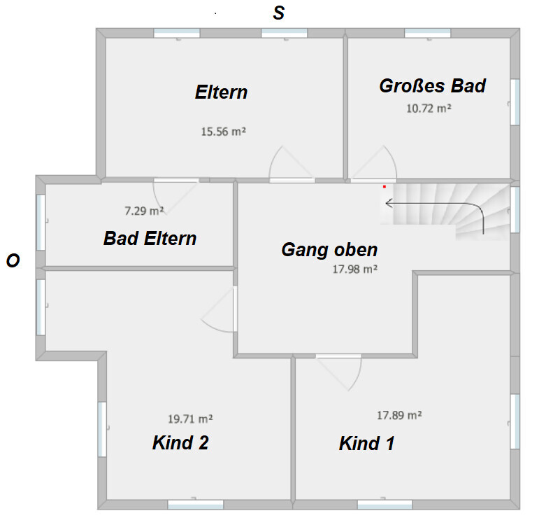 Floor plan of an upper floor with 6 rooms: parents, child 1, child 2, parents’ bathroom, large bathroom, corridor