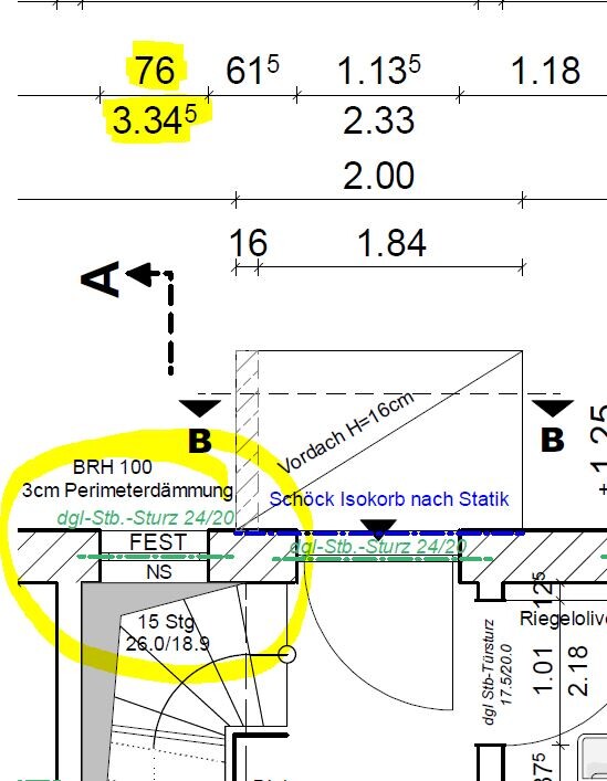 Technical construction drawing with A–B section, thermal break, perimeter insulation, and dimensions.