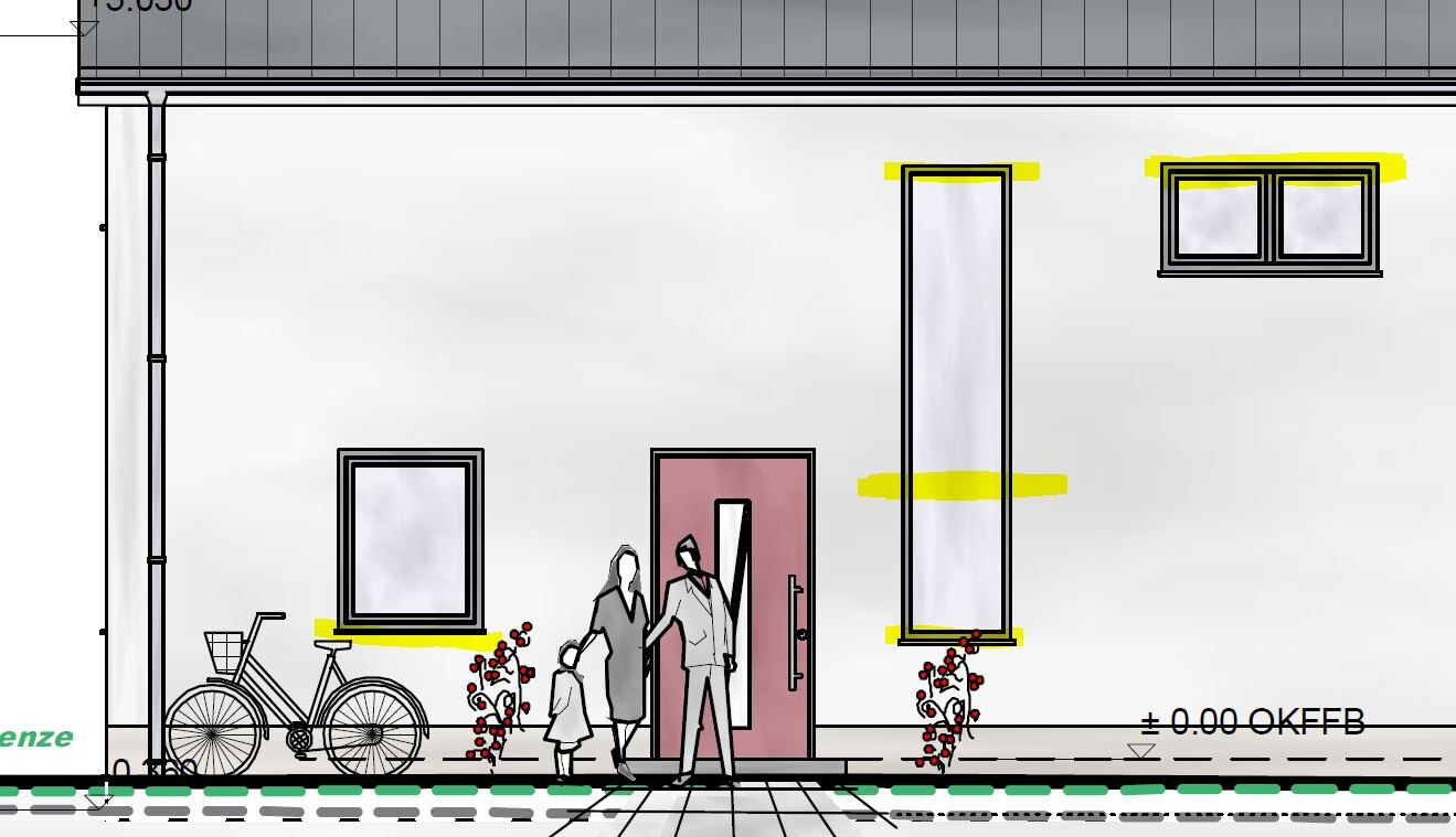 Residential building façade with entrance, two adults and a child in front, bicycle on the left, yellow window frames.