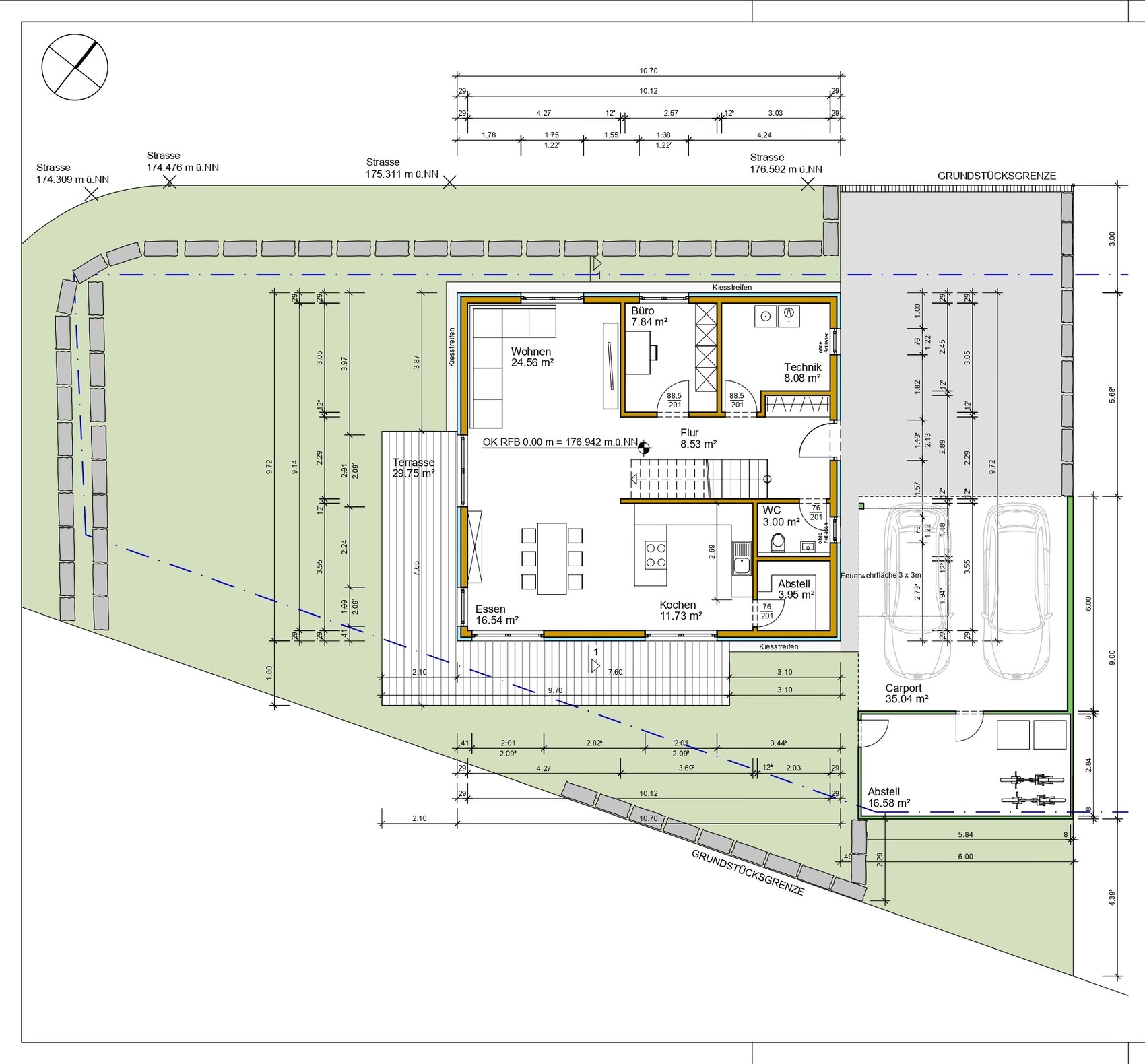 Grundriss eines Hauses mit Wohnen, Essen, Kochen, Büro, Technik, Terrasse, Carport und Garten
