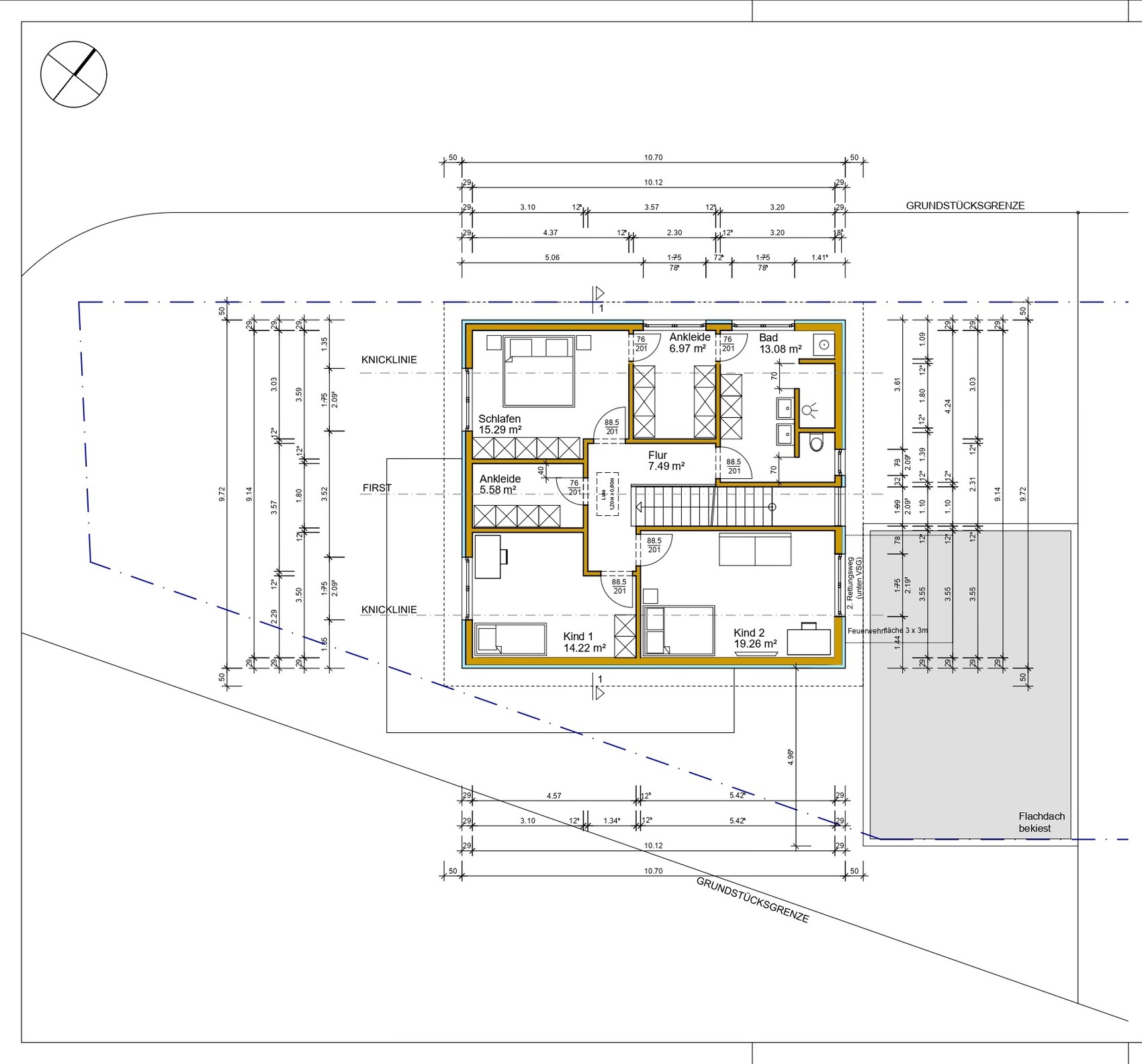 Grundriss eines Hauses: Schlafzimmer, zwei Kinderzimmer, Ankleide, Bad und Flur.