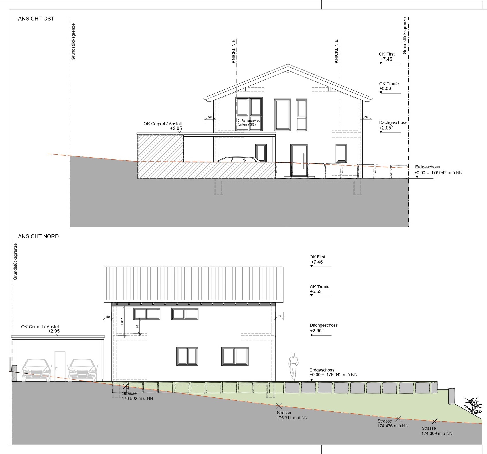 Architekturzeichnung: Ost- und Nordansicht eines Hauses mit Carport/Garage und Geländeprofil.