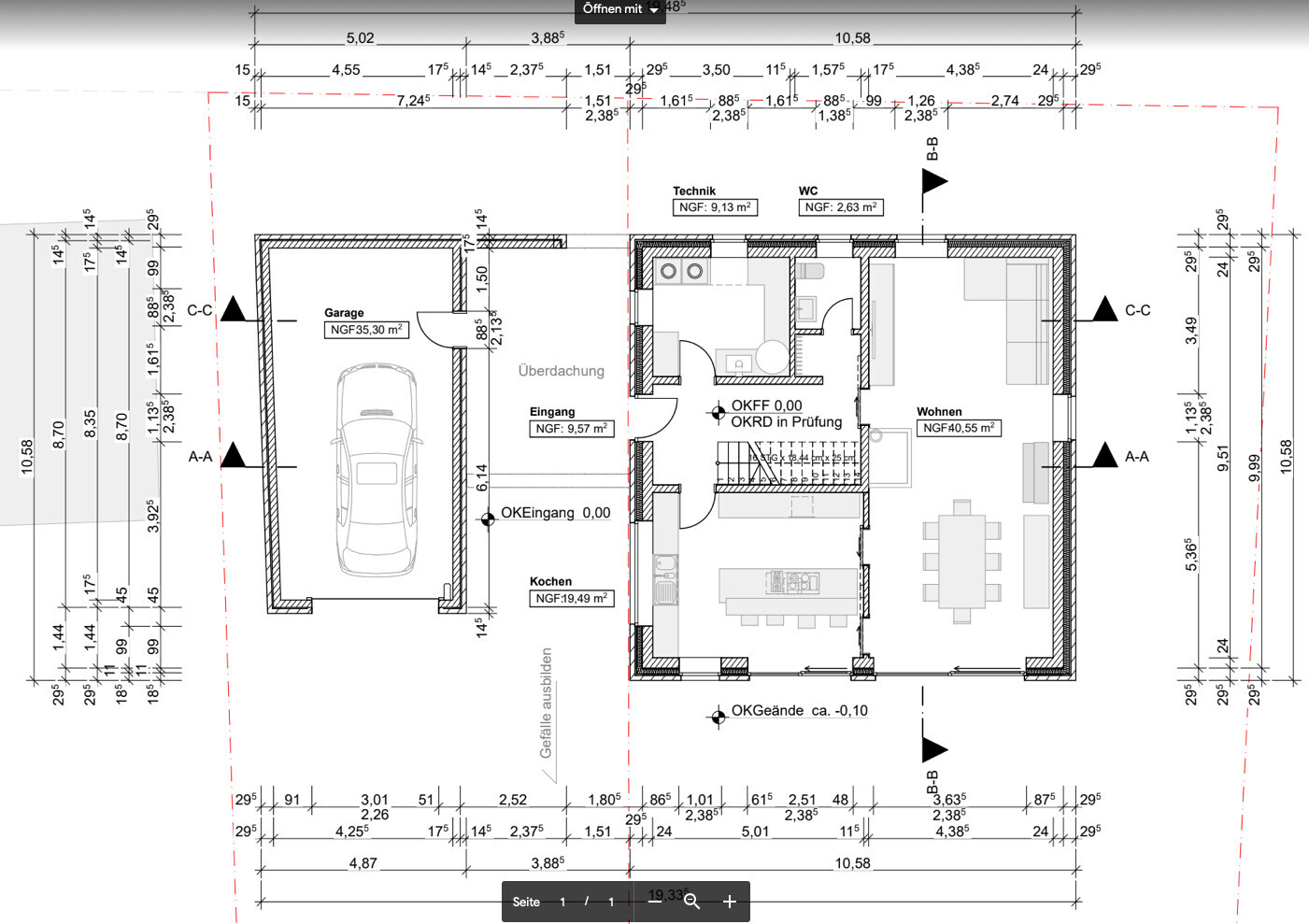 Grundriss eines Hauses: Garage links, Eingang, Küche, Wohnen, Technik, WC.