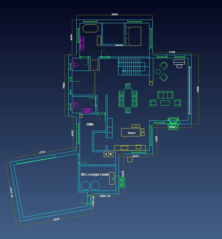 Grundriss eines Hauses: Wohn-/Essbereich, Küche, HWR, Heizungsraum, Stube, Treppe.