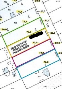 Lageplan mit farblich markierten Grundstücken auf Katasterkarte, grün, blau und pink.