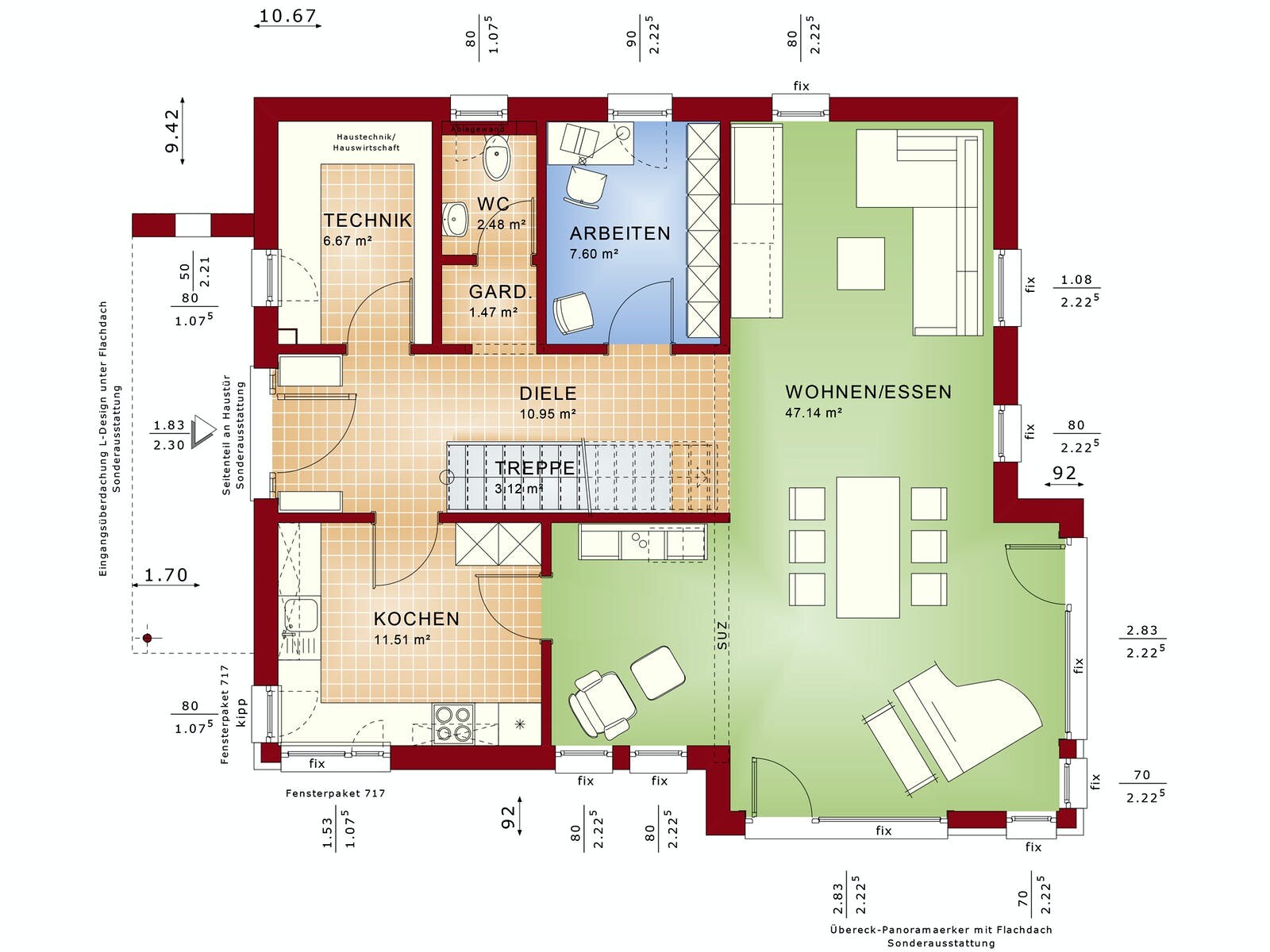 Floor plan of a house: kitchen, hallway, living/dining area, study, utility room, guest toilet, stairs.