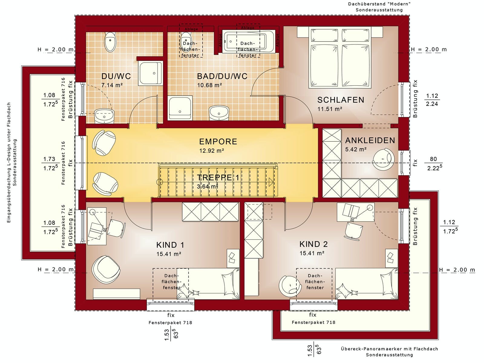 Attic floor plan: bedroom, dressing room, 2 children’s rooms, bathroom with shower, toilet, gallery, stairs.