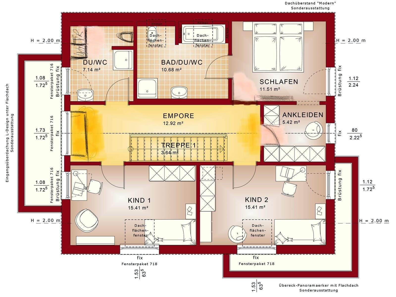 Upper floor layout: staircase, bedroom, dressing room, two children’s rooms, bathroom, gallery.