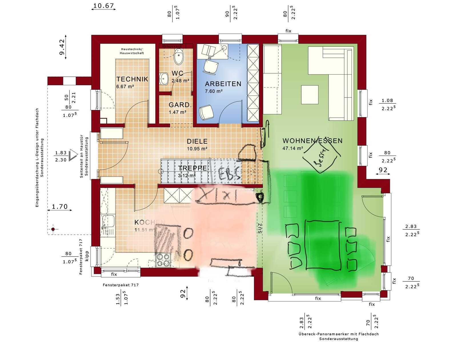 House layout: kitchen, hallway, living/dining, office, utility, guest WC, stairs.