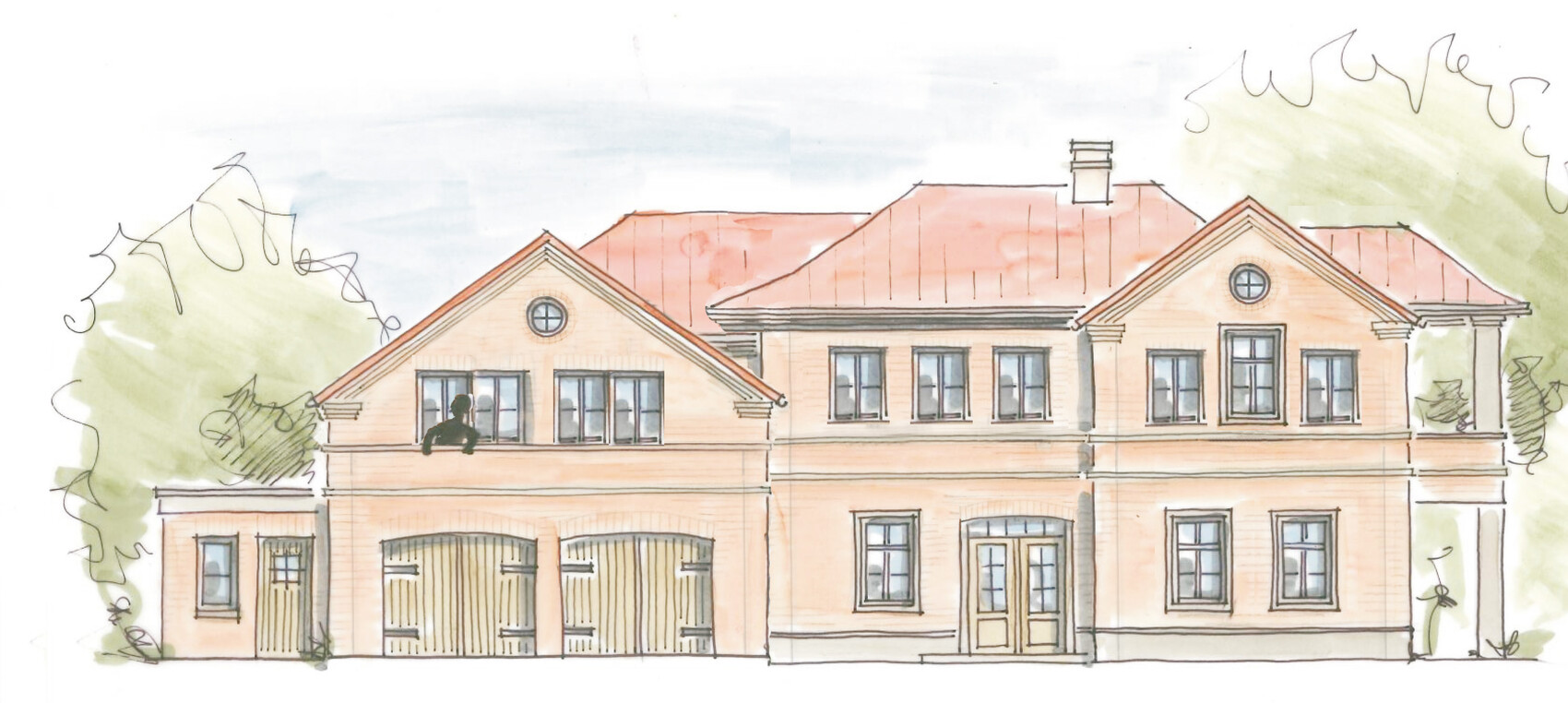 Sketchy brick house, red roof, window fronts, balcony with person, trees.