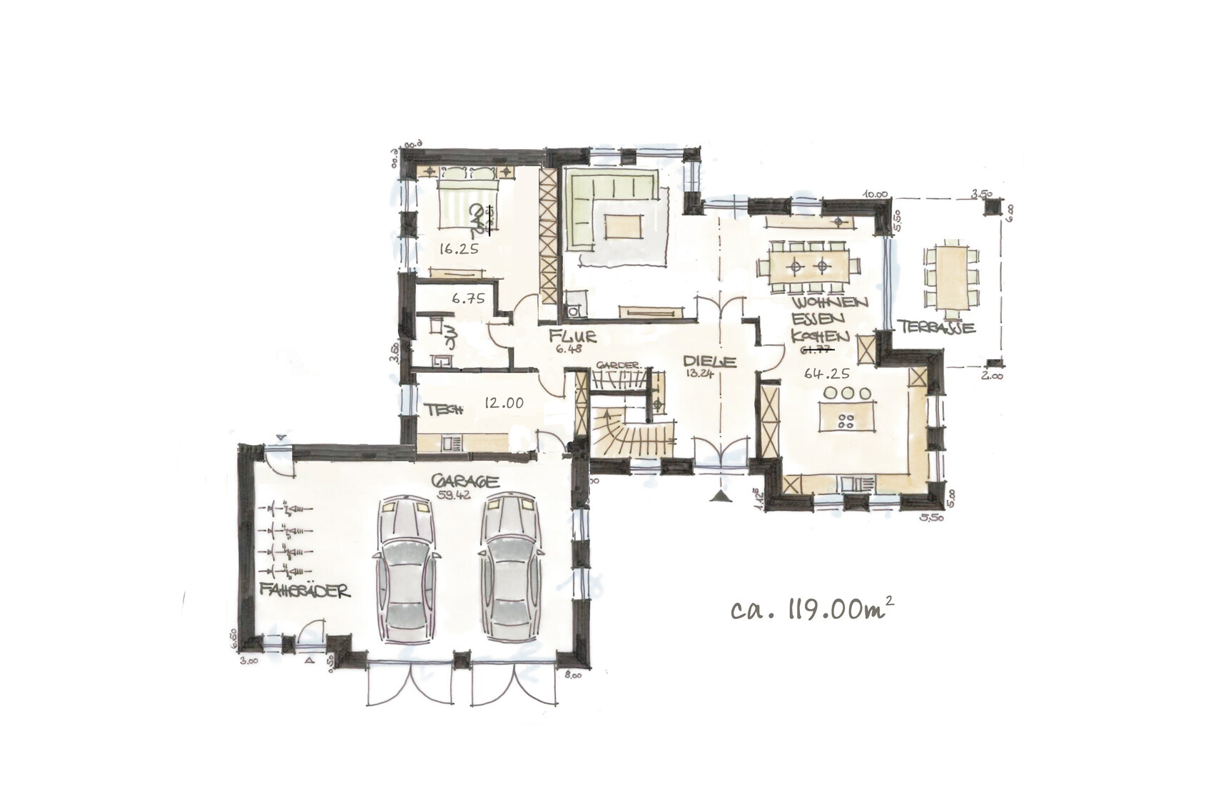 Hand-drawn floor plan of a house with garage, terrace, living room, kitchen, and hallway.