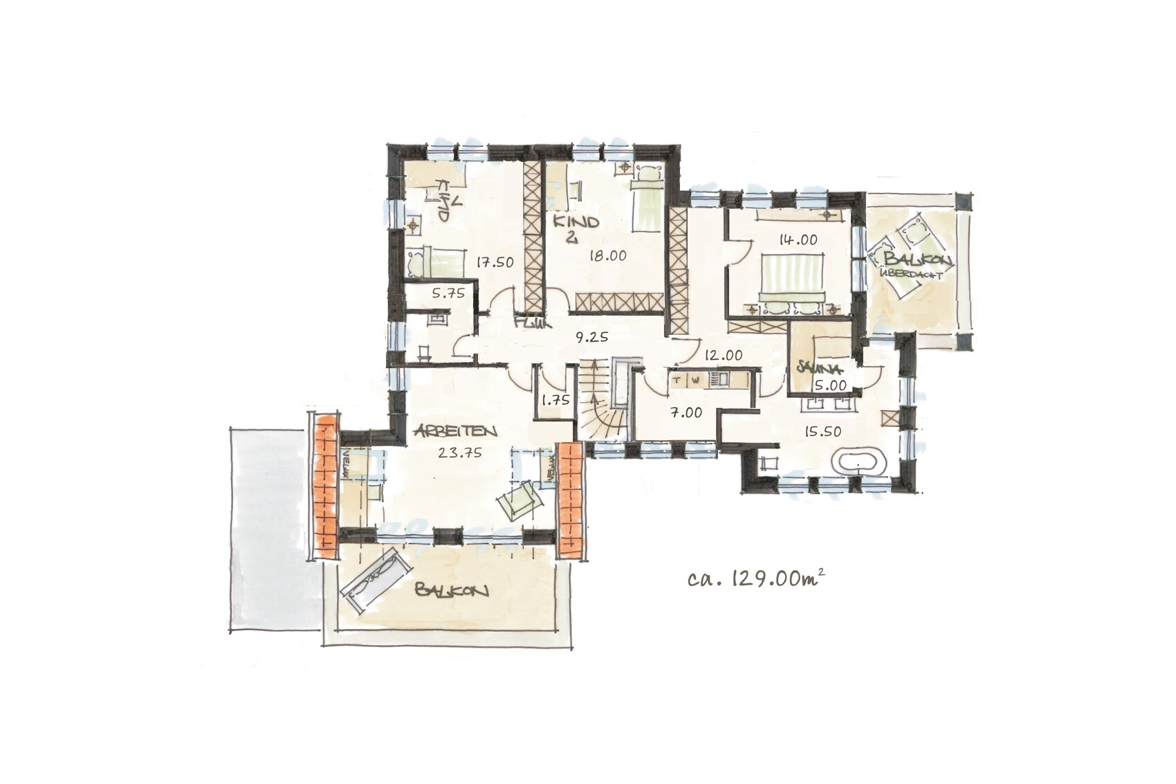 Hand-drawn floor plan of a house with rooms, balcony, and stairs.