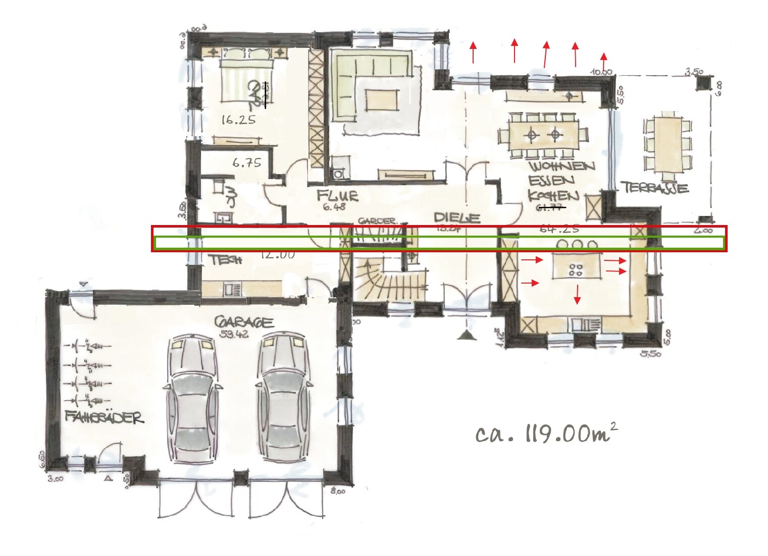 Hand-drawn floor plan of a house with garage, terrace, and living area.