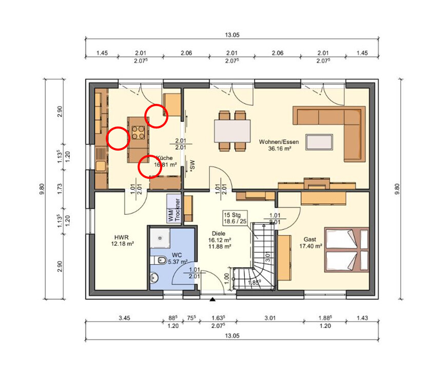 Grundrissplan eines Einfamilienhauses mit Küche, Wohnen/Essen, HWR und WC