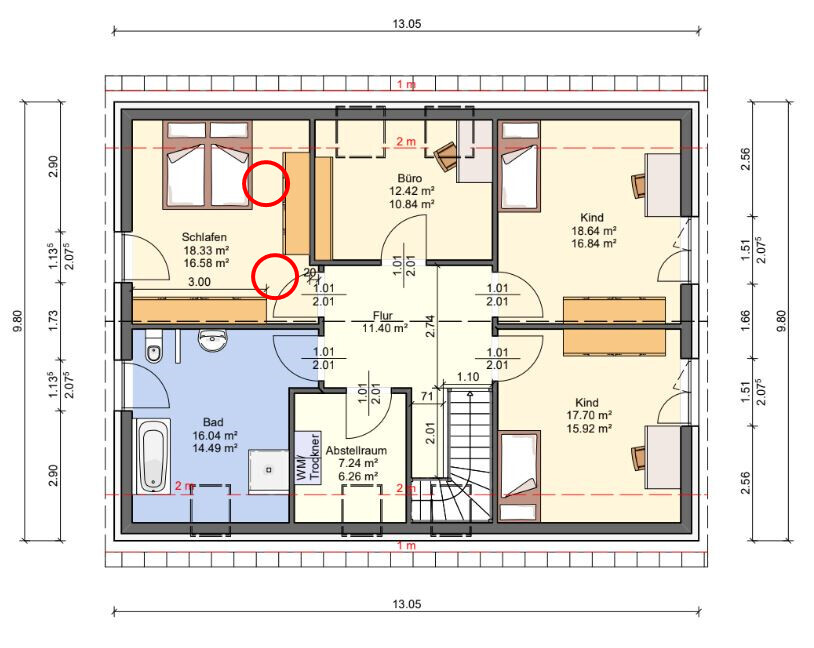 Grundriss eines Dachgeschosses mit Schlafzimmer, Bad, Flur, Büro und zwei Kinderzimmern.