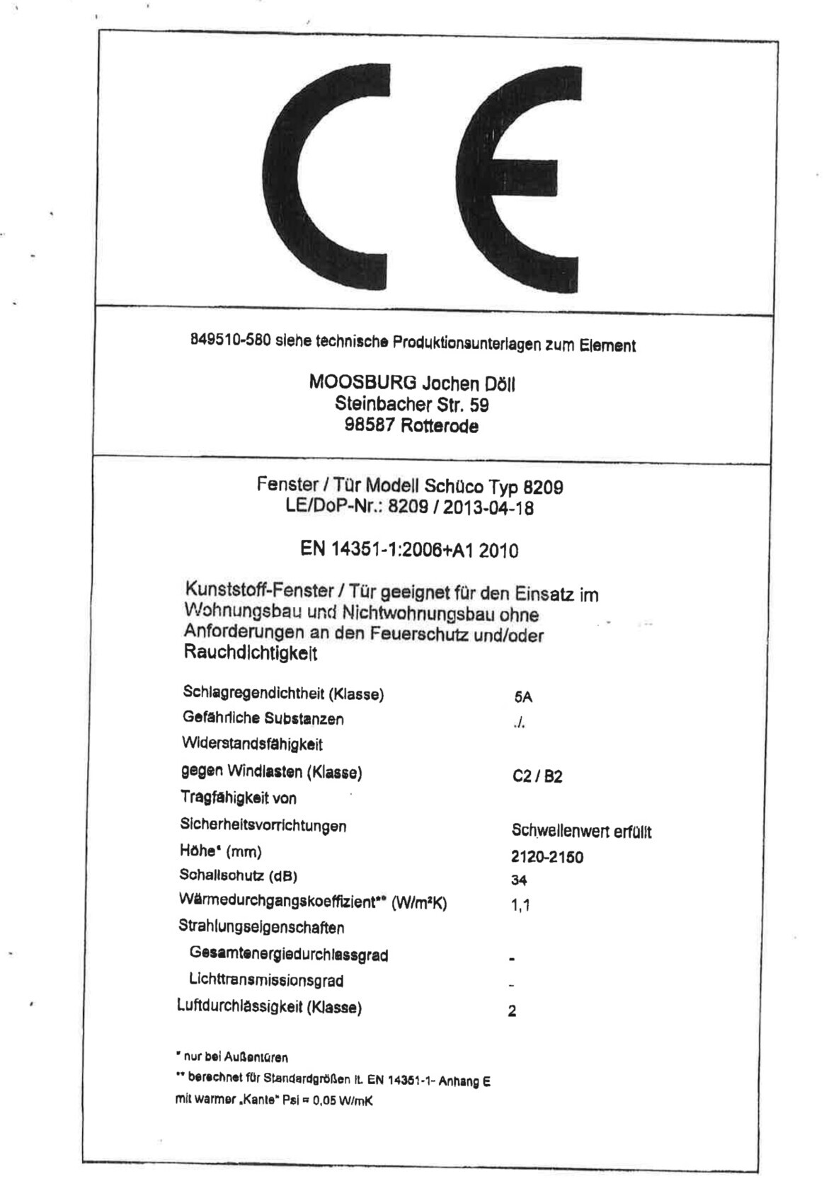 Large CE marking on technical product documentation with window data and manufacturer details
