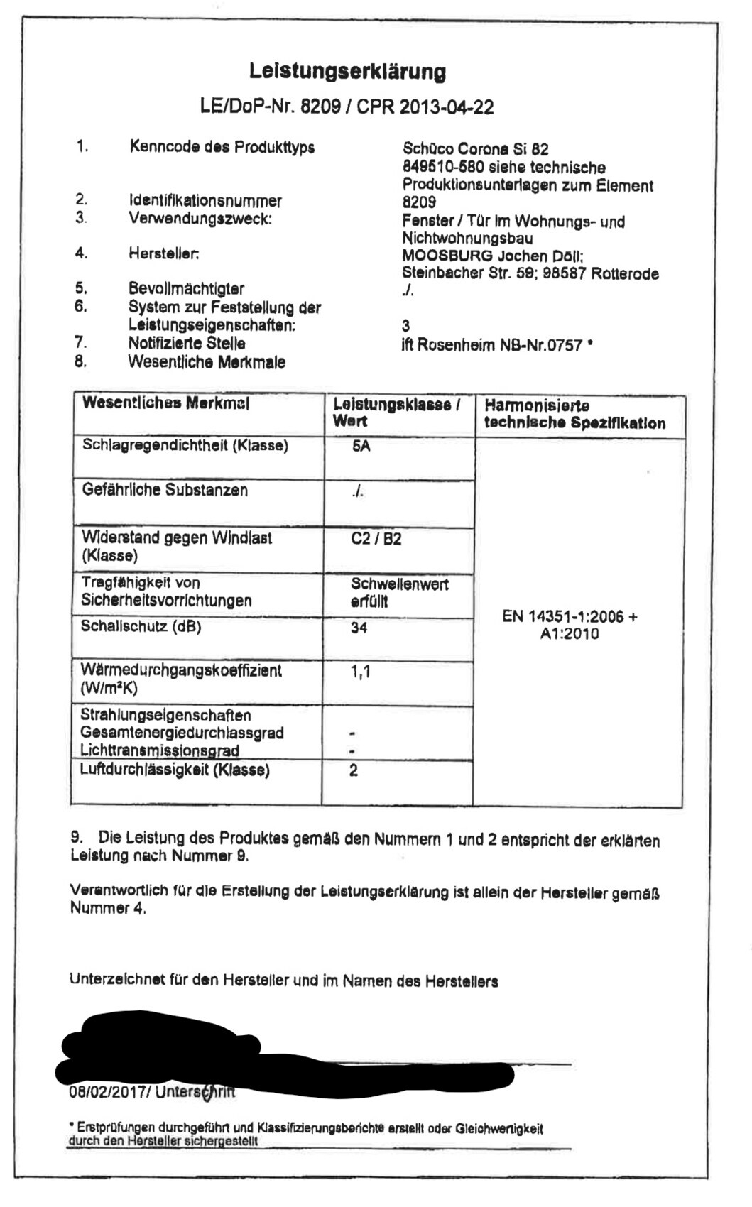 Declaration of Performance: form with product data, manufacturer, and technical specifications