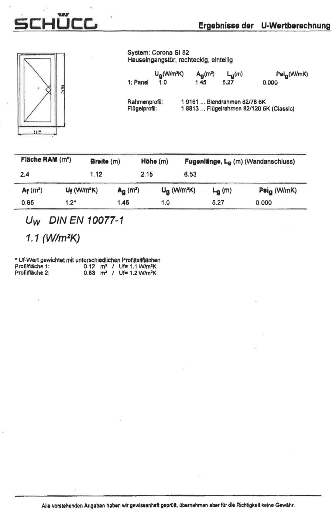 Black and white document with window dimensions and U-value calculation data (DIN EN 10077-1).