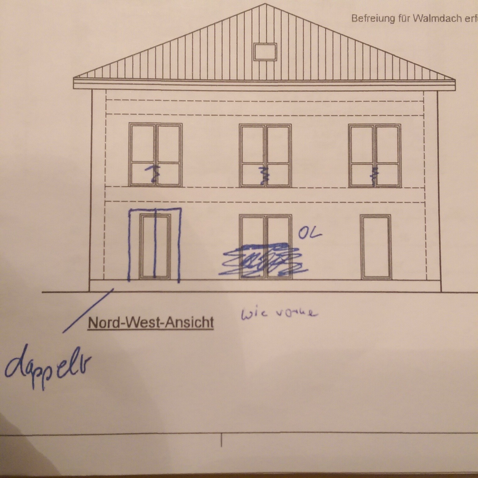 Front view of a two-story house with a pitched roof, windows, and doors (northwest).
