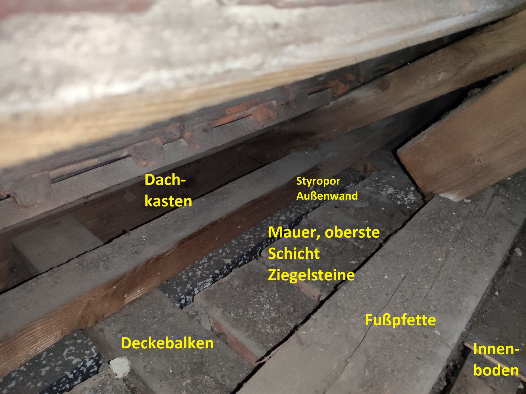 Dachboden mit Deckenbalken, Styropor-Dämmung an Außenwand und Ziegeln sichtbar